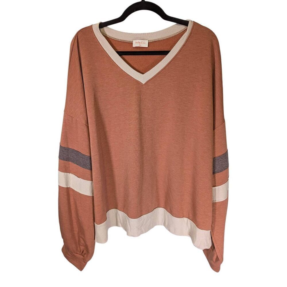 Hailey & Co. Back In Action Retro V-Neck Sweatshirt Top women's 3X